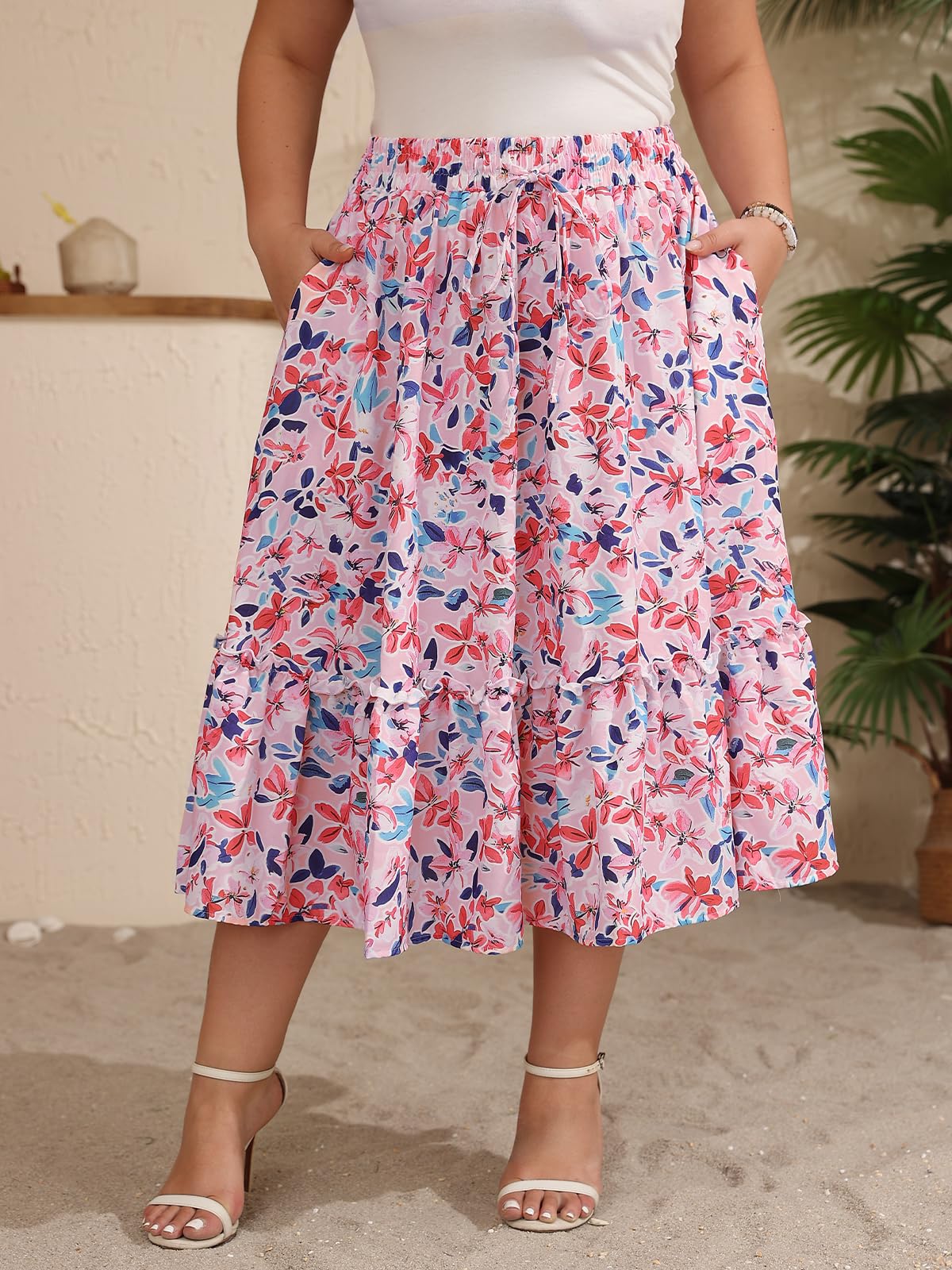 Plus Size Ruffle Midi Skirt with Pockets - Pink Floral-Moon Wood