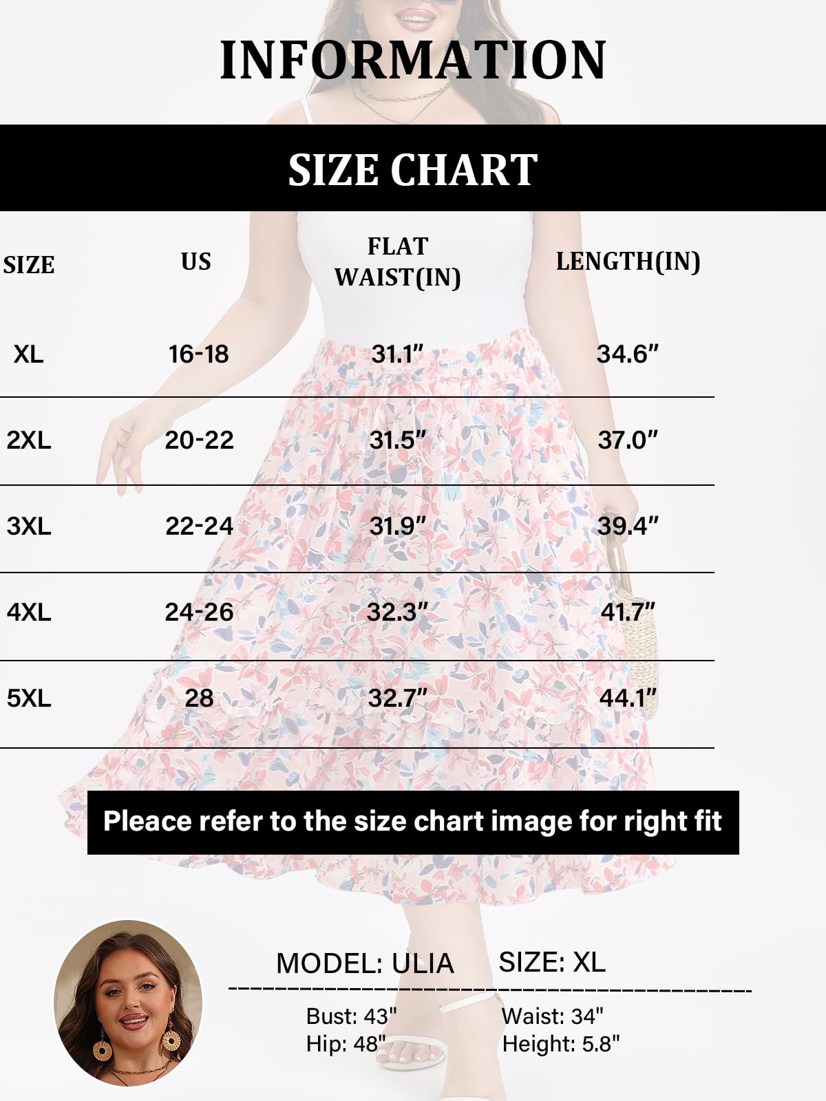 Plus Size Ruffle Midi Skirt with Pockets - Pink Floral-Moon Wood