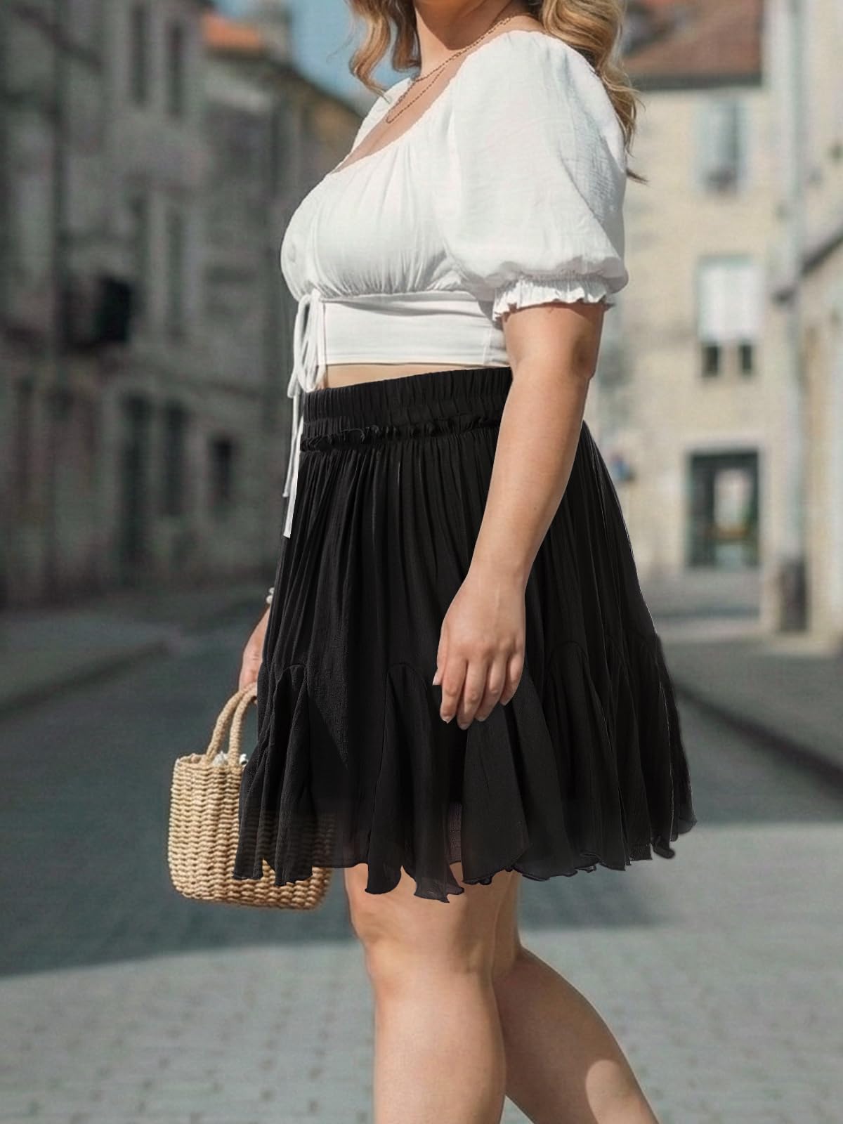 Plus Size Ruffle Mini Skirts - Black-Moon Wood