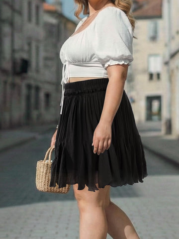Plus Size Ruffle Mini Skirts - Black-Moon Wood