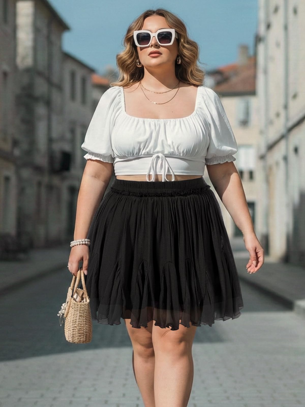 Plus Size Ruffle Mini Skirts - Black-Moon Wood