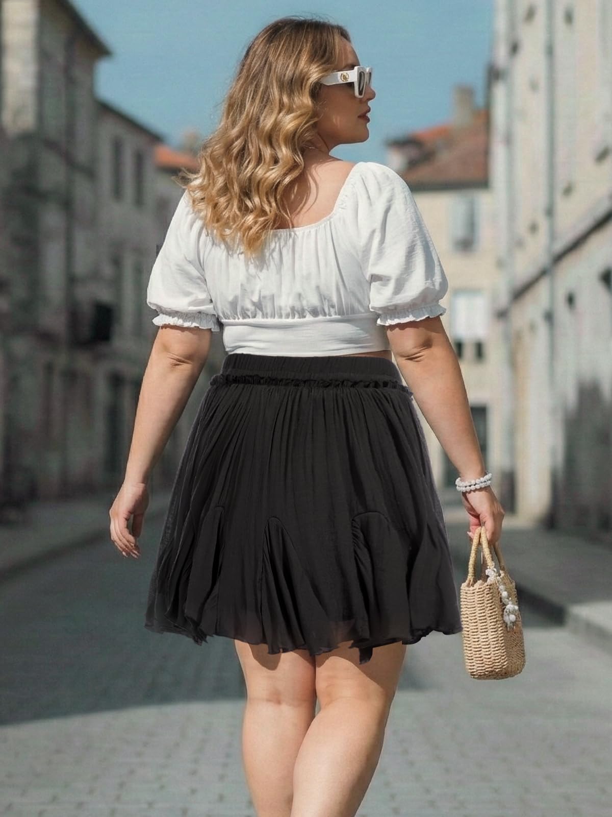 Plus Size Ruffle Mini Skirts - Black-Moon Wood