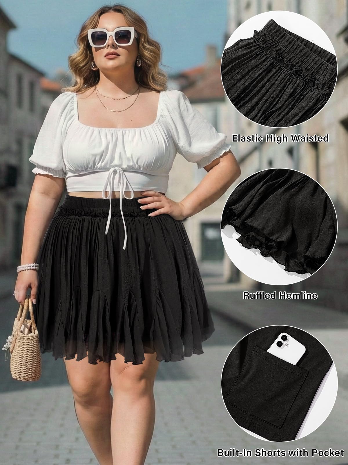 Plus Size Ruffle Mini Skirts - Black-Moon Wood