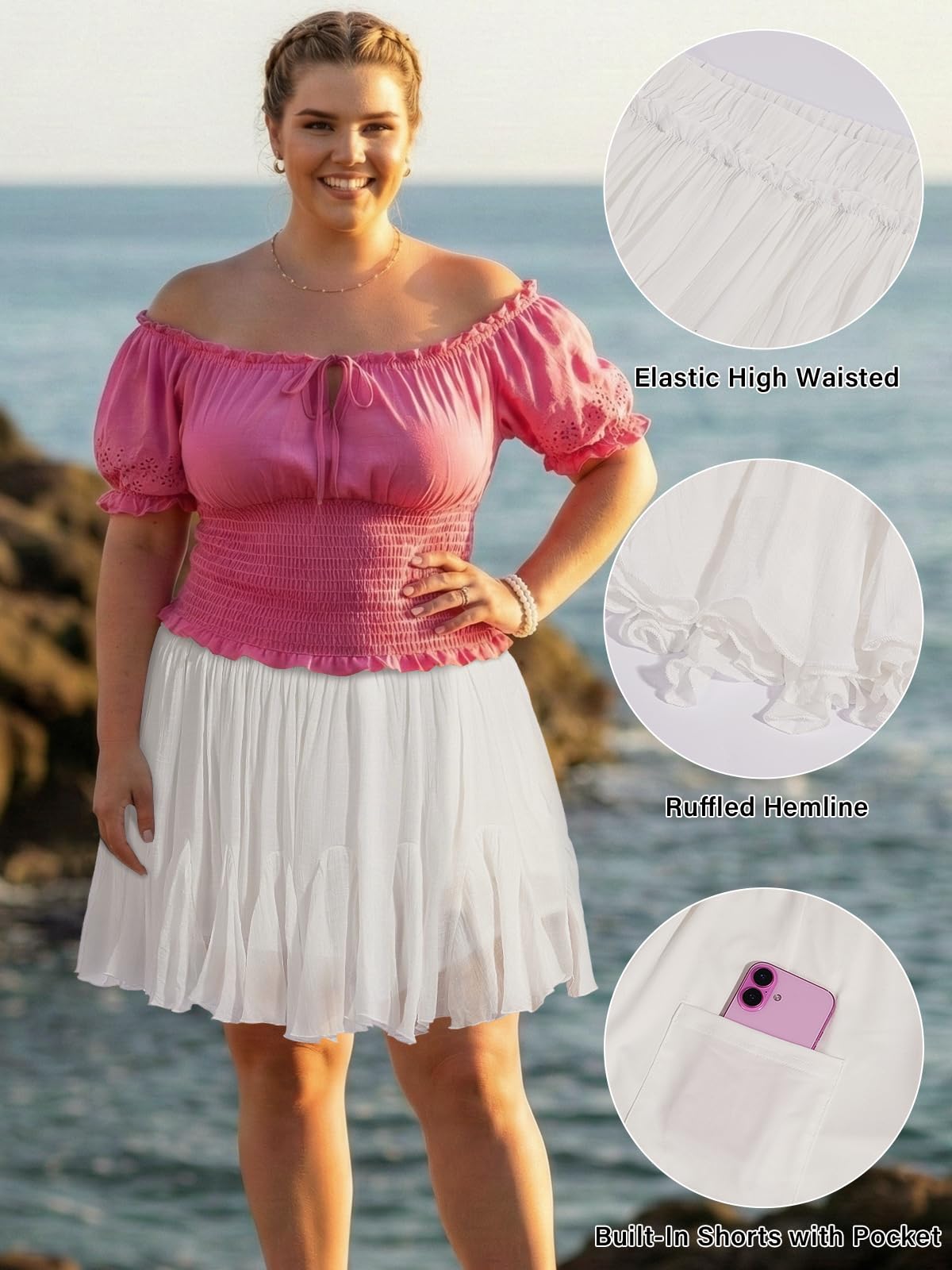 Plus Size Ruffle Mini Skirts - White-Moon Wood