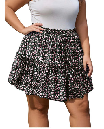 Plus Size Ruffle Tiered Skirt Flowy Floral-Black Flower