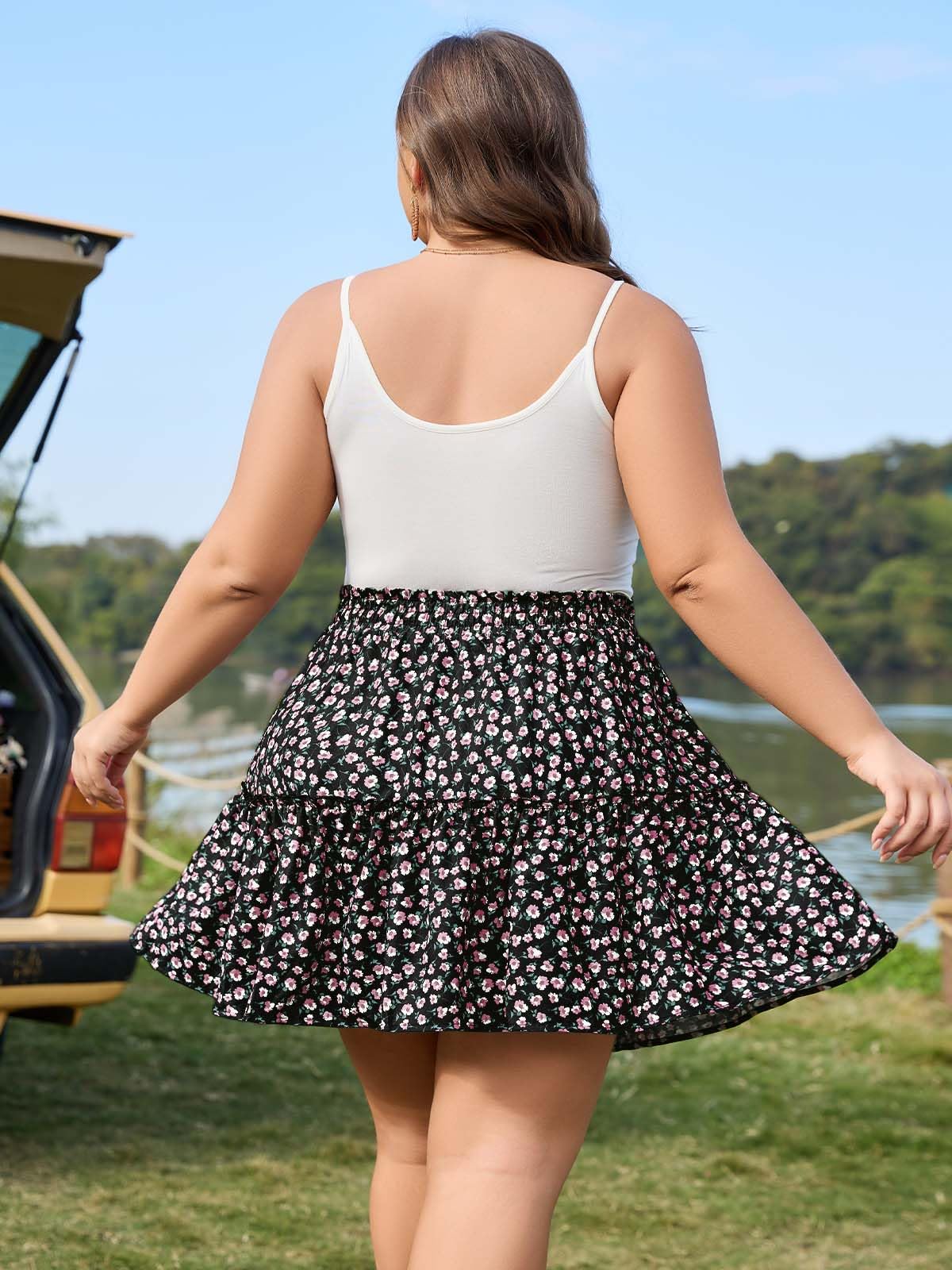 Plus Size Ruffle Tiered Skirt Flowy Floral-Black Flower | Moon Wood