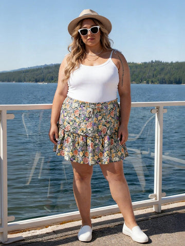 Plus Size Ruffle Tiered Skirt Flowy Floral-Garden Floral