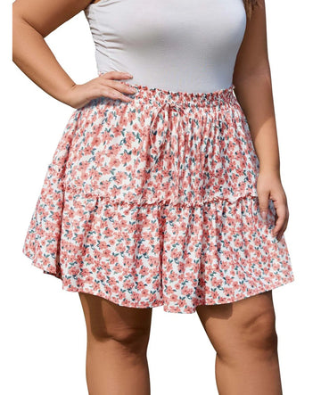 Plus Size Ruffle Tiered Skirt Flowy Floral-Pink Flower