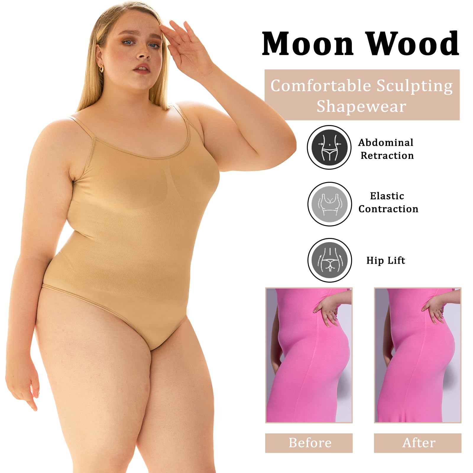 Plus Size Shapewear Bodysuit for Women - Beige Thong - Moon Wood