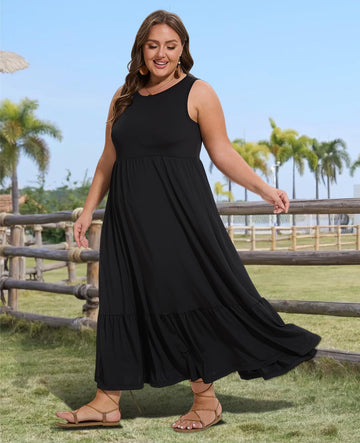 Plus Size Sleeveless Crewneck Tank Dress-Black