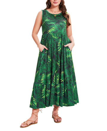 Plus Size Sleeveless Crewneck Tank Dress-Black&green Leaves