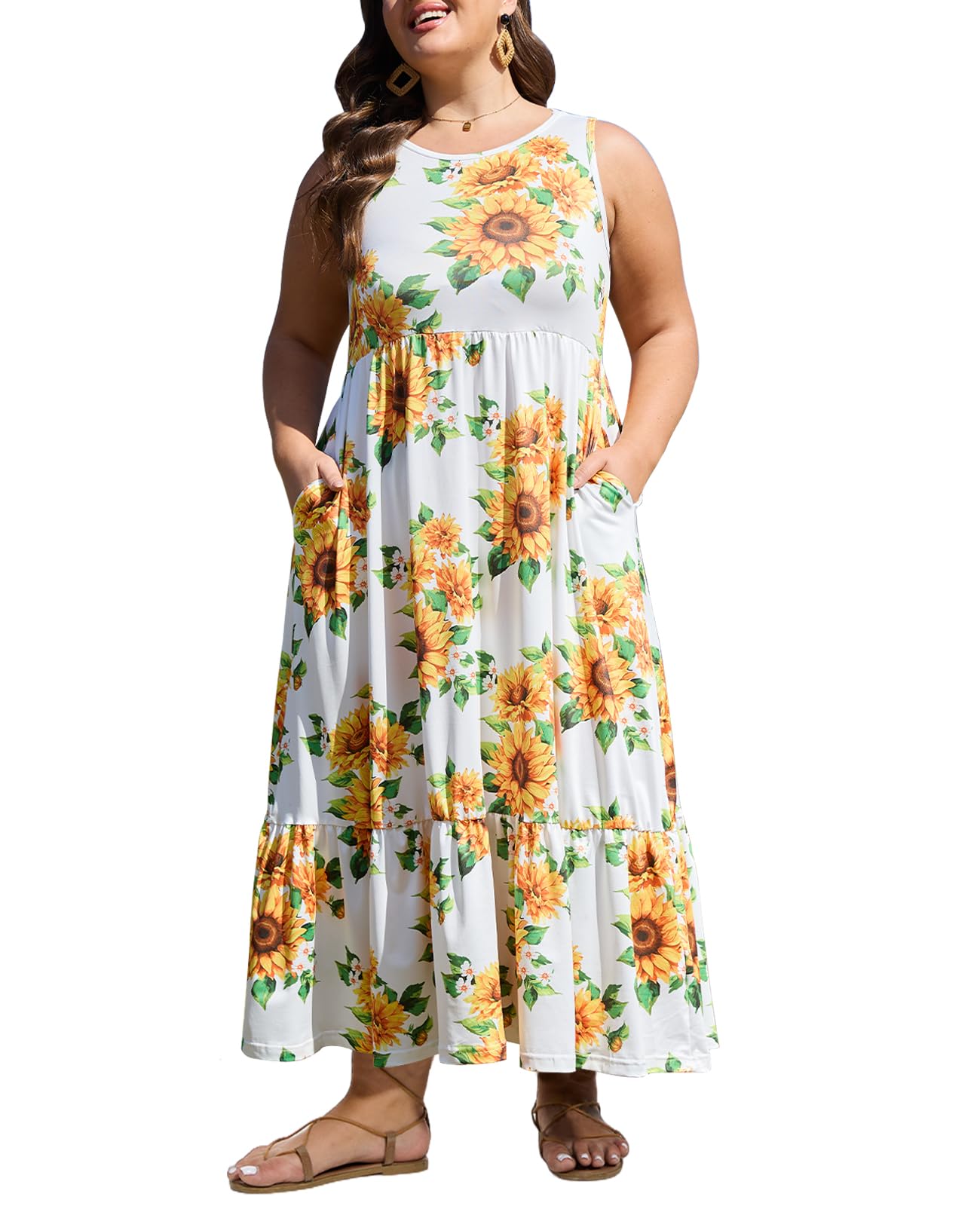 Plus Size Sleeveless Crewneck Tank Dress-Sunflower