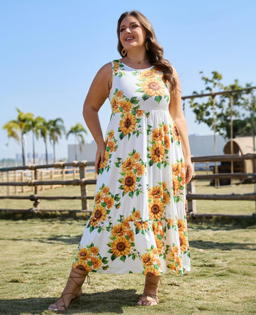 Plus Size Sleeveless Crewneck Tank Dress-Sunflower