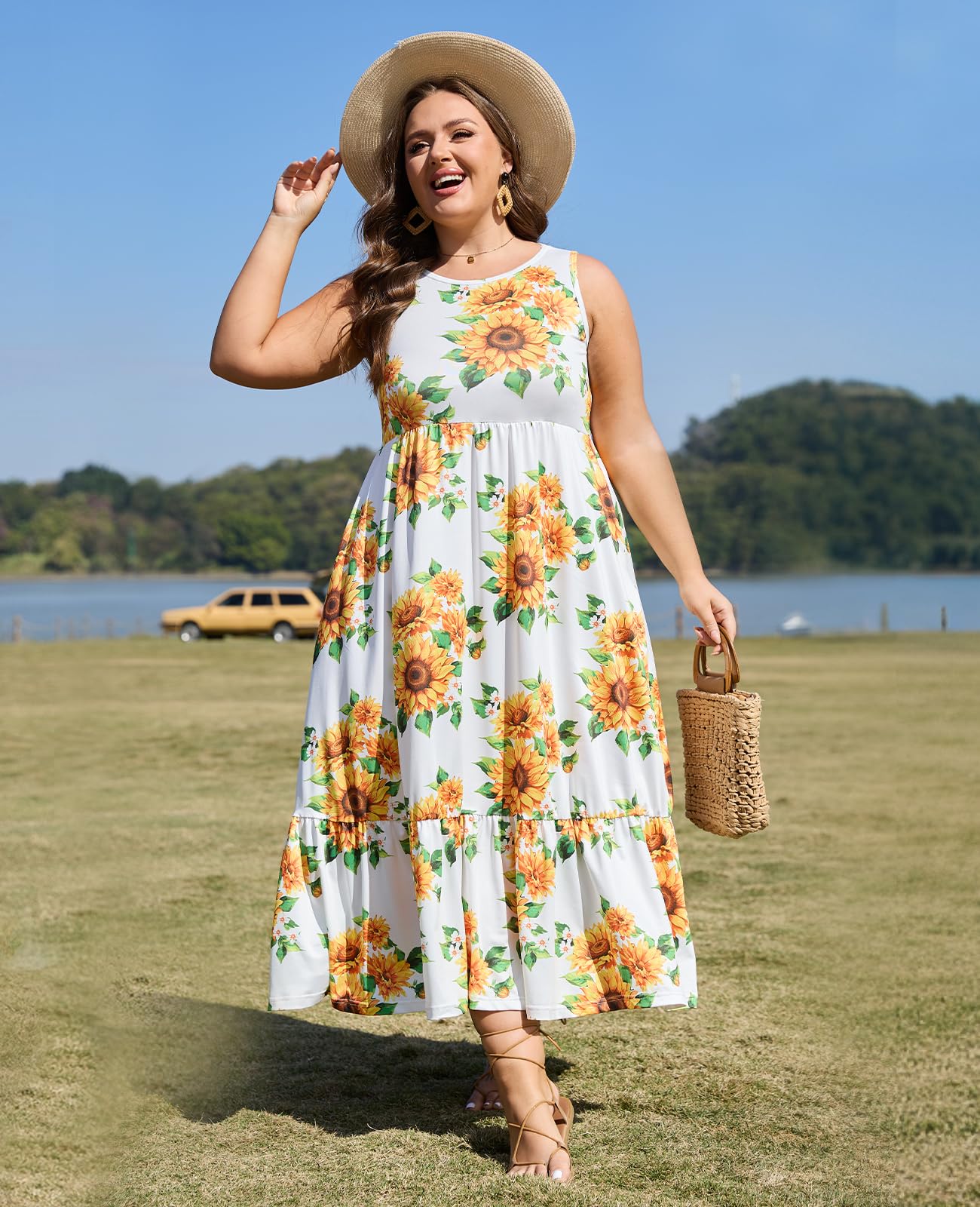 Plus Size Sleeveless Crewneck Tank Dress-Cashew | Moon Wood