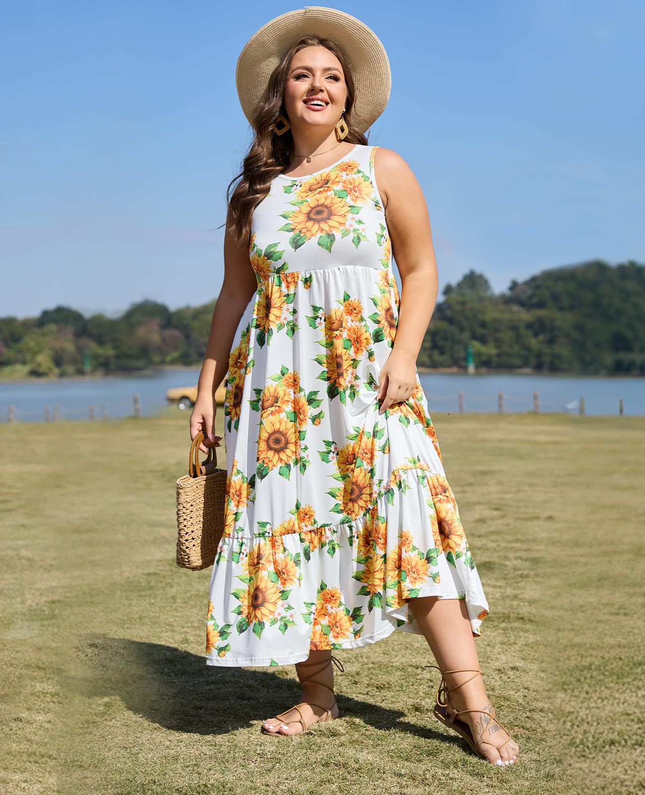 Plus Size Sleeveless Crewneck Tank Dress-Cashew | Moon Wood