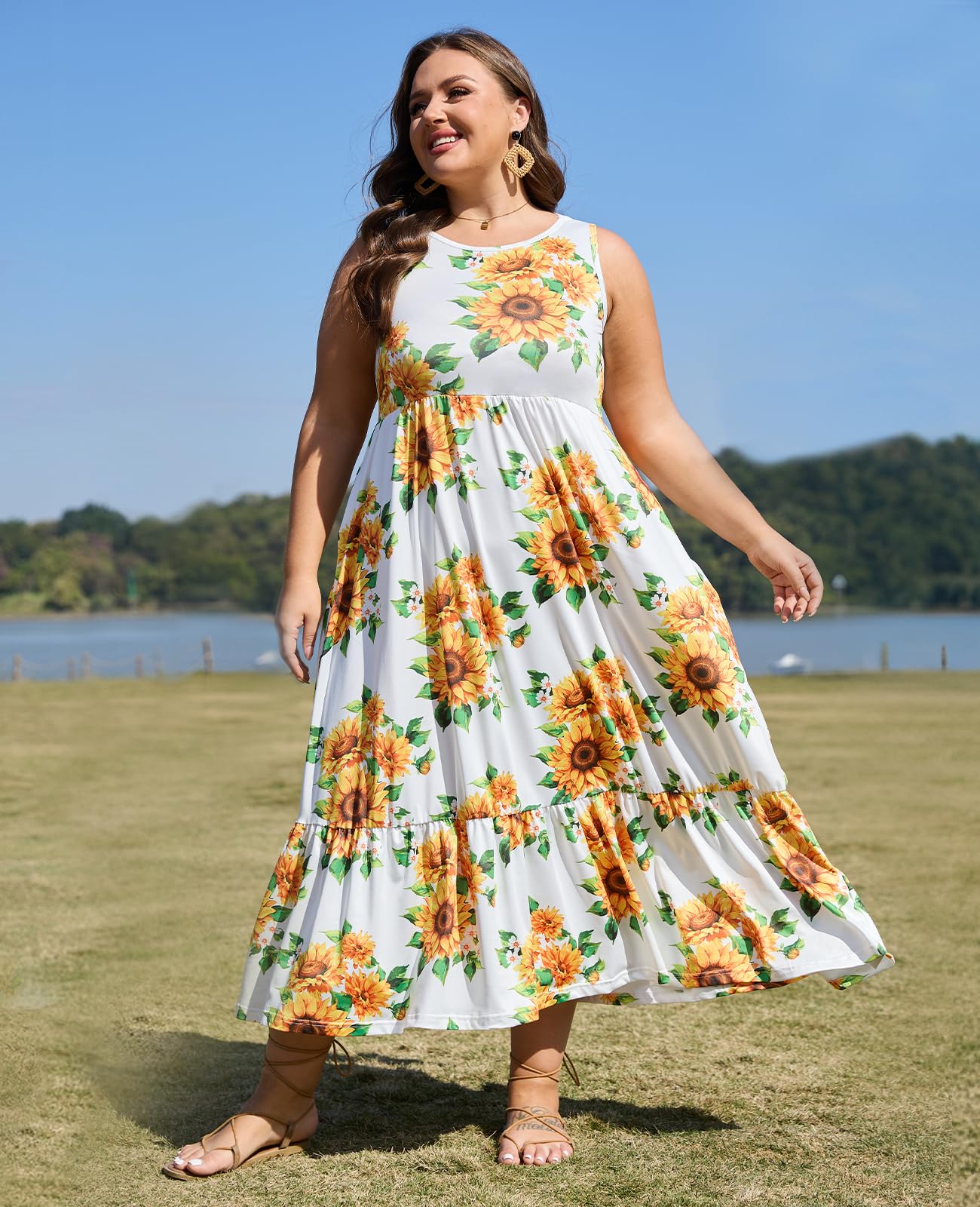 Plus Size Sleeveless Crewneck Tank Dress-Cashew | Moon Wood