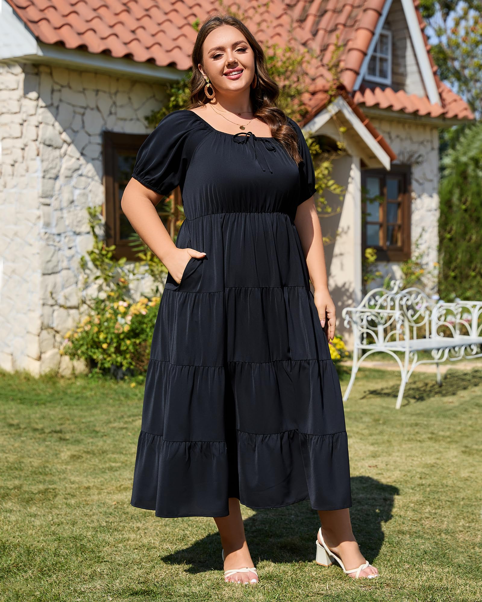 tiered maxi dress plus size Plus Size Square Neck Maxi Dress Tiered-Black