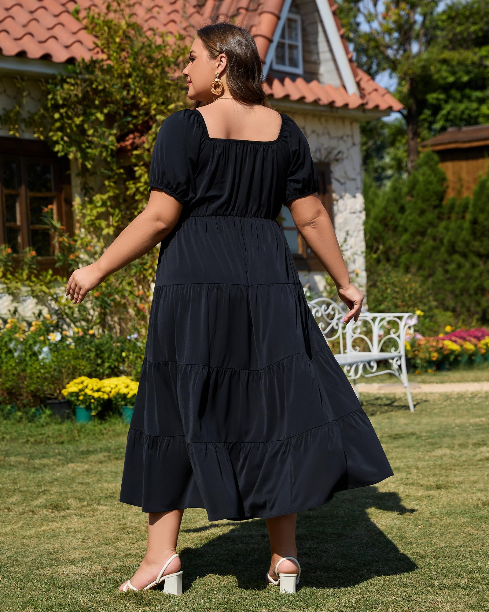 Plus Size Square Neck Maxi Dress Tiered-Black