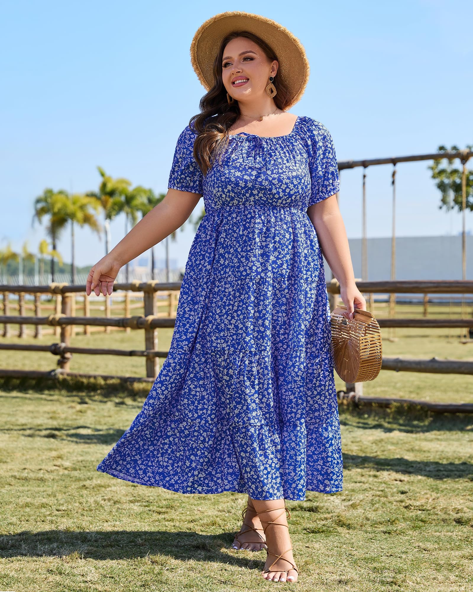 tiered maxi dress plus size Plus Size Square Neck Maxi Dress Tiered-Blue