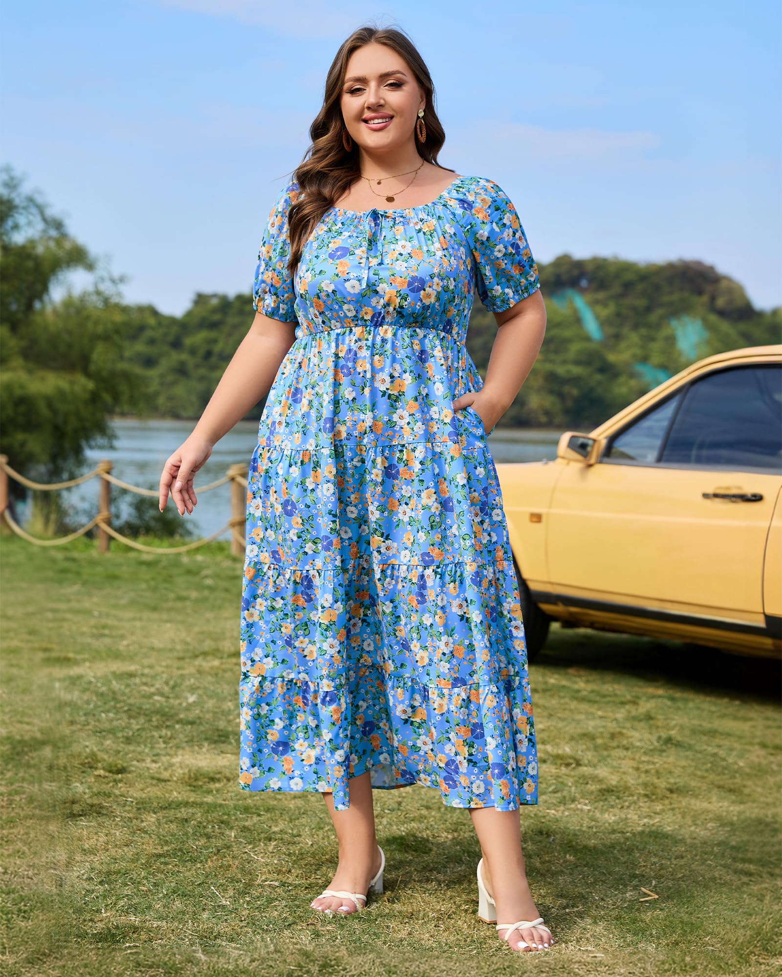 Plus Size Square Neck Maxi Dress Tiered-Colorful Blue Floral, 4XL Plus Size Square Neck Maxi Dress Tiered-Colorful Blue Floral, 4XL