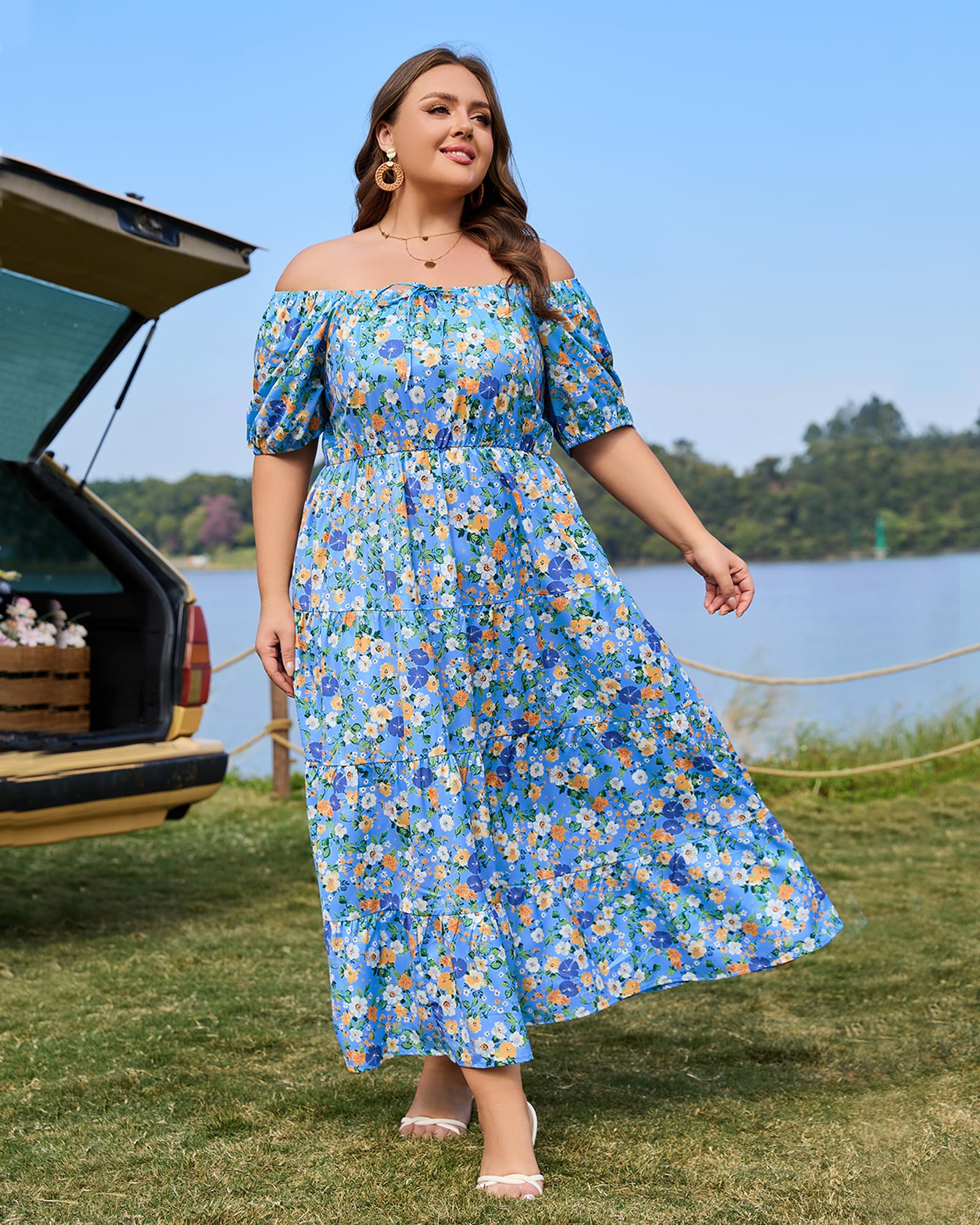 Plus Size Square Neck Maxi Dress Tiered-Colorful Blue Floral, 4XL Plus Size Square Neck Maxi Dress Tiered-Colorful Blue Floral, 4XL