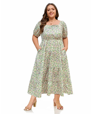 Plus Size Square Neck Maxi Dress Tiered-Yellow Floral, 3XL Plus Size Square Neck Maxi Dress Tiered-Yellow Floral, 3XL