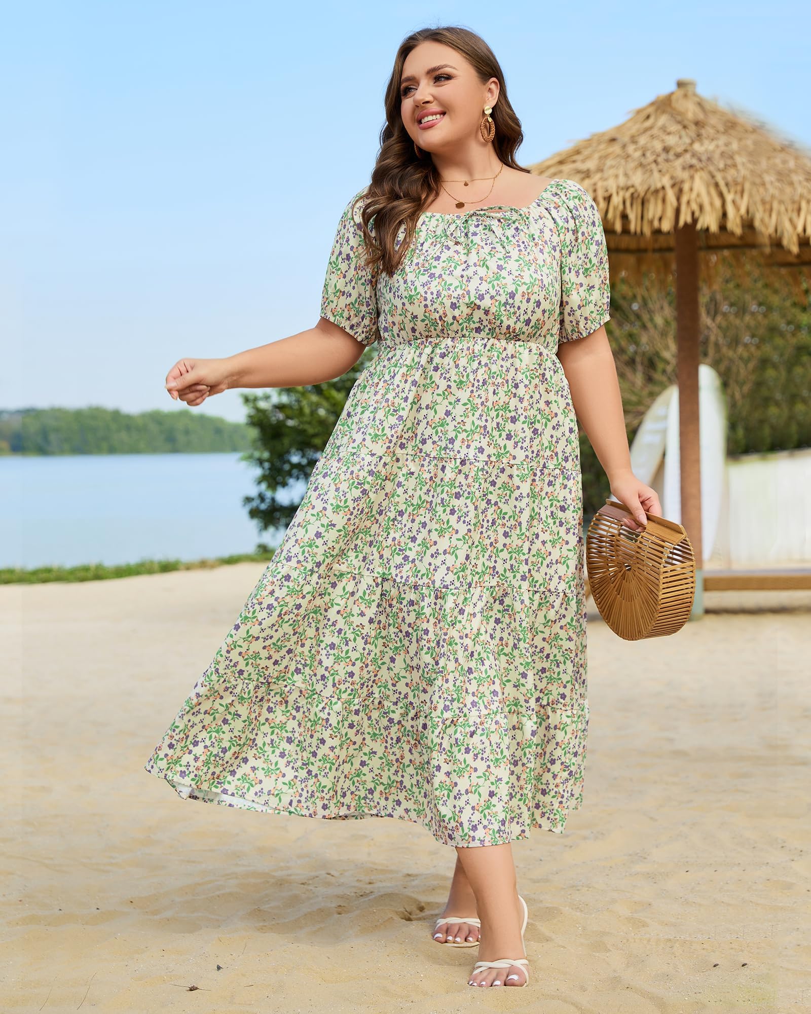 Plus Size Square Neck Maxi Dress Tiered-Yellow | Moon Wood Plus Size Square Neck Maxi Dress Tiered-Yellow | Moon Wood
