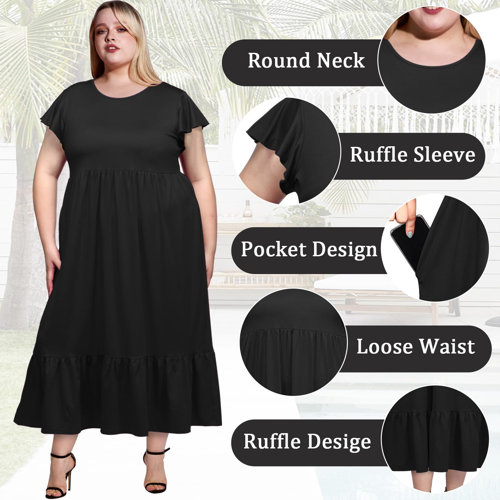 Plus Size Summer Dress Crew Neck Ruffle with Pockets-Black, 5XL Plus Size Summer Dress Crew Neck Ruffle with Pockets-Black, 5XL