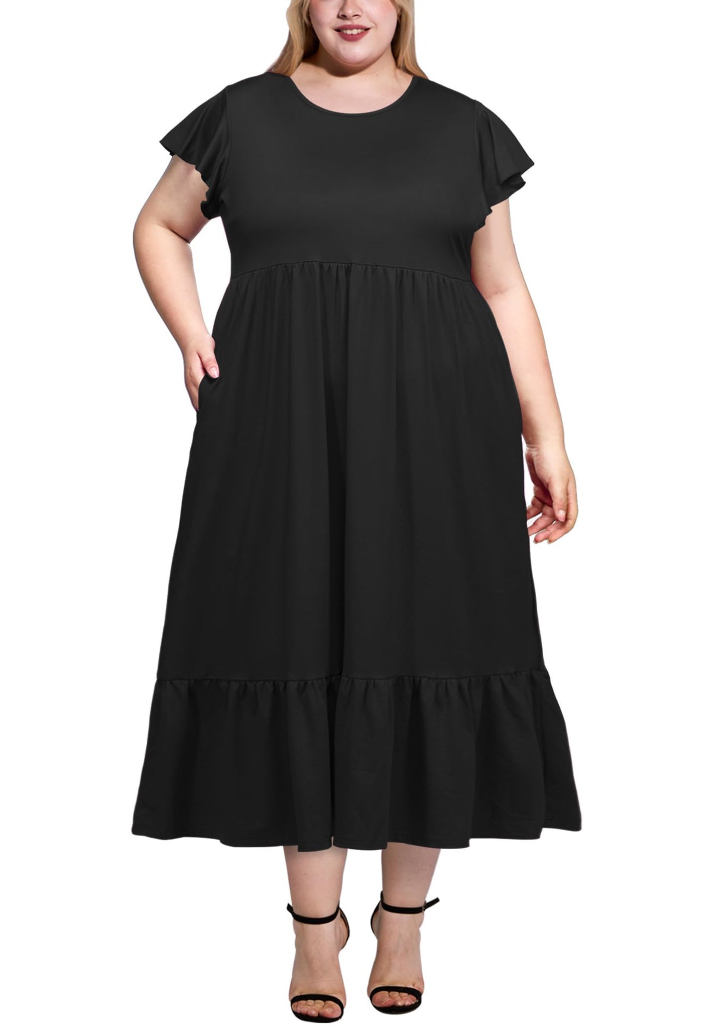 Plus Size Summer Dress Crew Neck Ruffle with Pockets-Black
