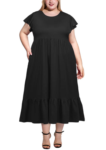 Plus Size Summer Dress Crew Neck Ruffle with Pockets-Black - Moon Wood