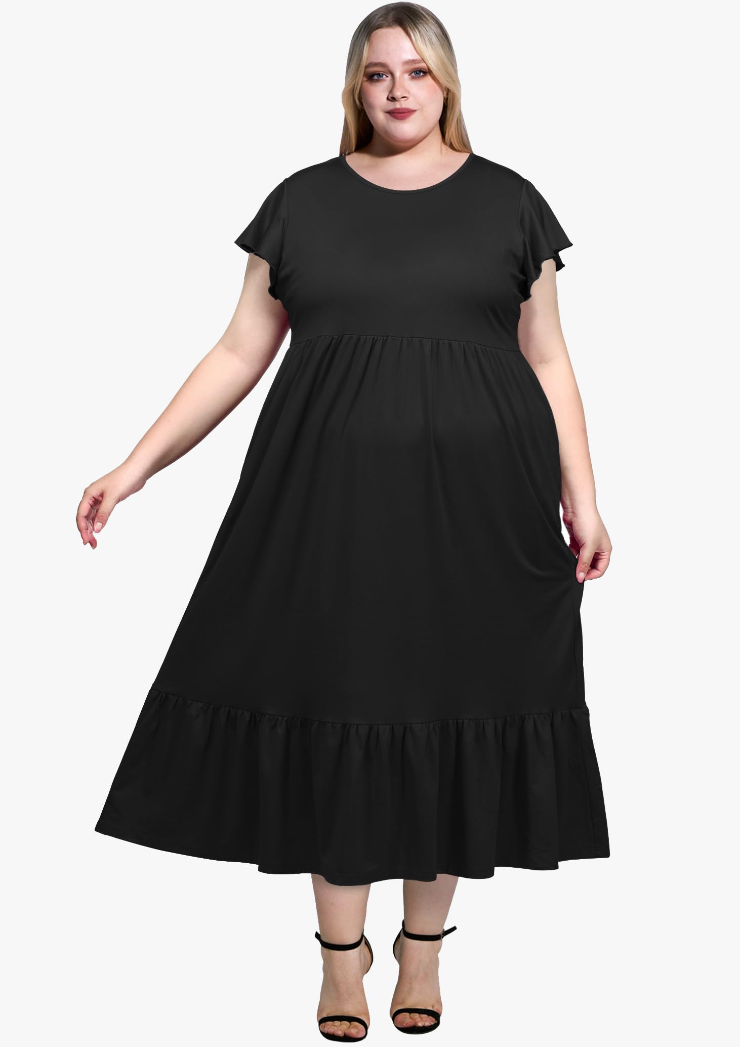 Plus Size Summer Dress Crew Neck Ruffle with Pockets-Black, XXL Plus Size Summer Dress Crew Neck Ruffle with Pockets-Black, XXL