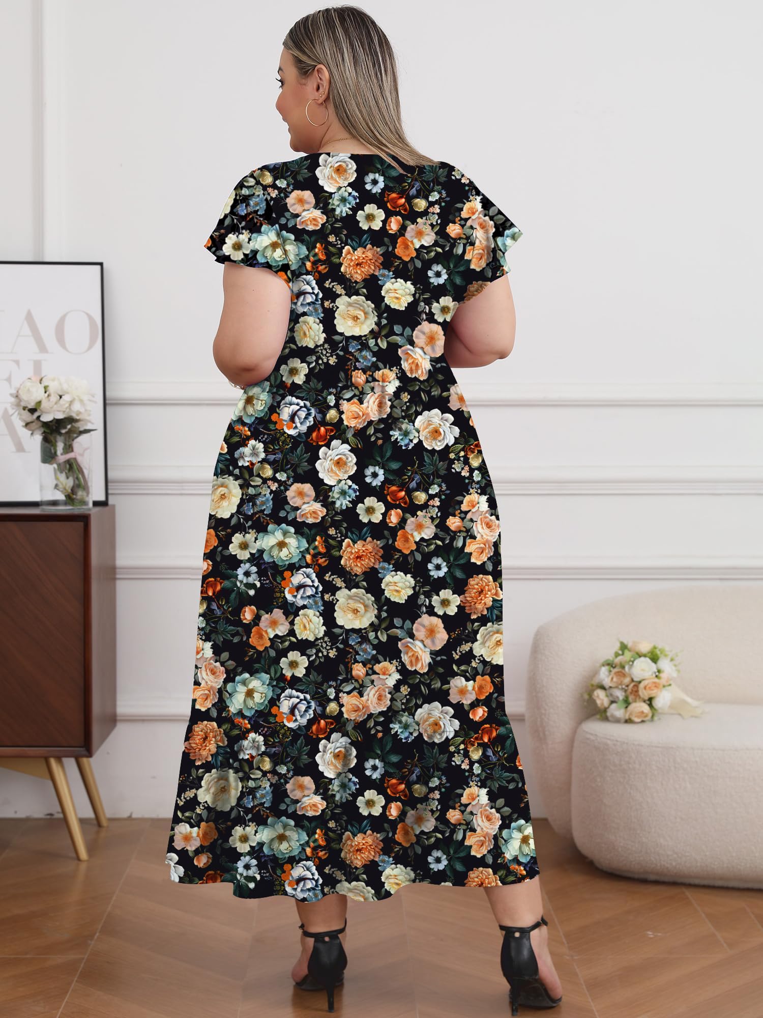 Plus Size Summer Dress Crew Neck Ruffle with Pockets-Black Painting
