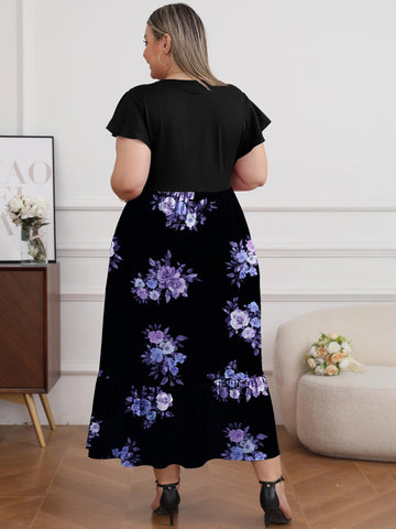 Plus Size Summer Dress Crew Neck Ruffle with Pockets-Black Purple Print