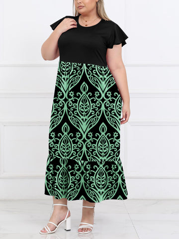 Plus Size Summer Dress Crew Neck Ruffle with Pockets-Green Bohemia