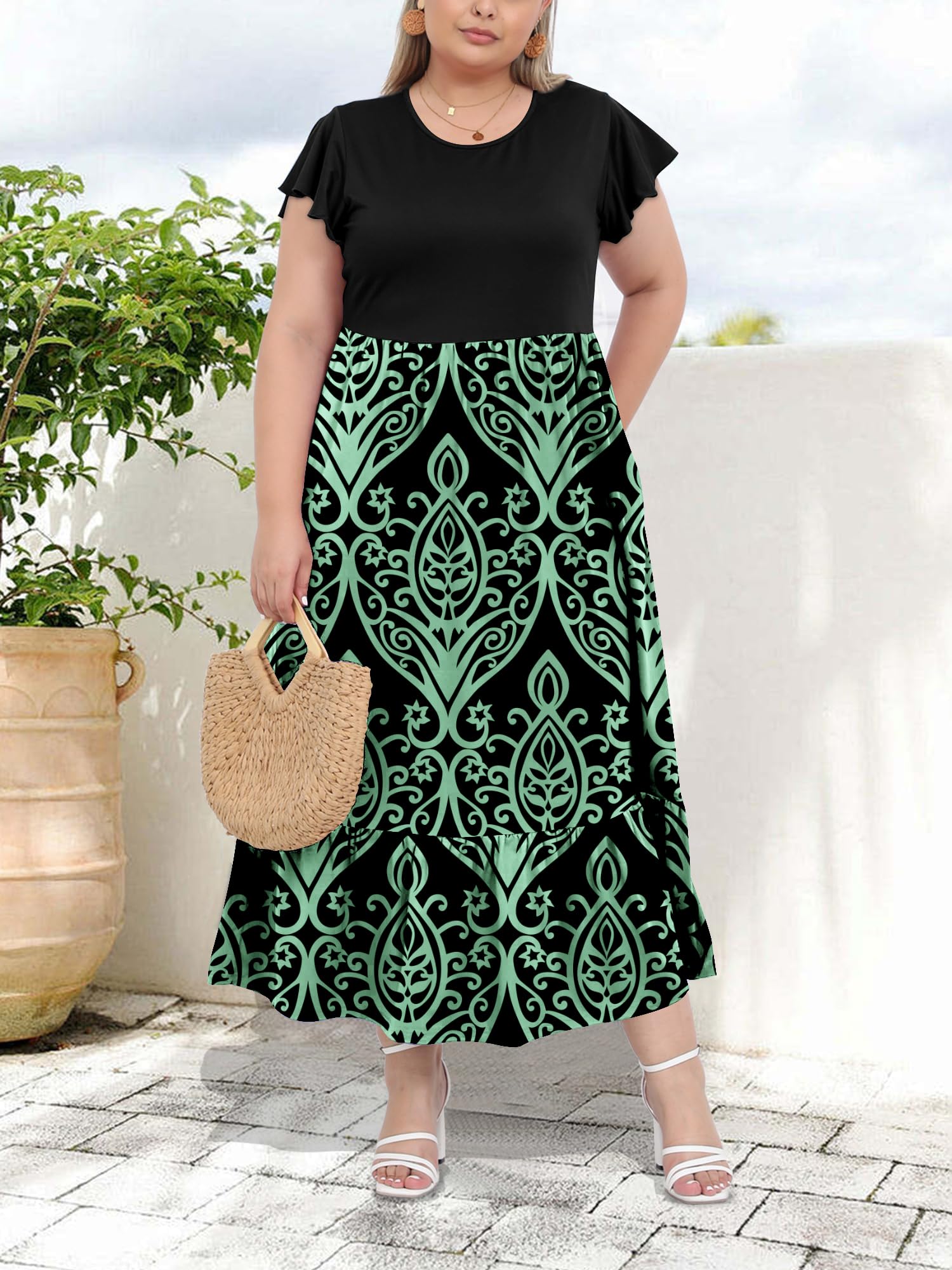 Plus Size Summer Dress Crew Neck Ruffle with Pockets-Green Bohemia, 4XL Plus Size Summer Dress Crew Neck Ruffle with Pockets-Green Bohemia, 4XL