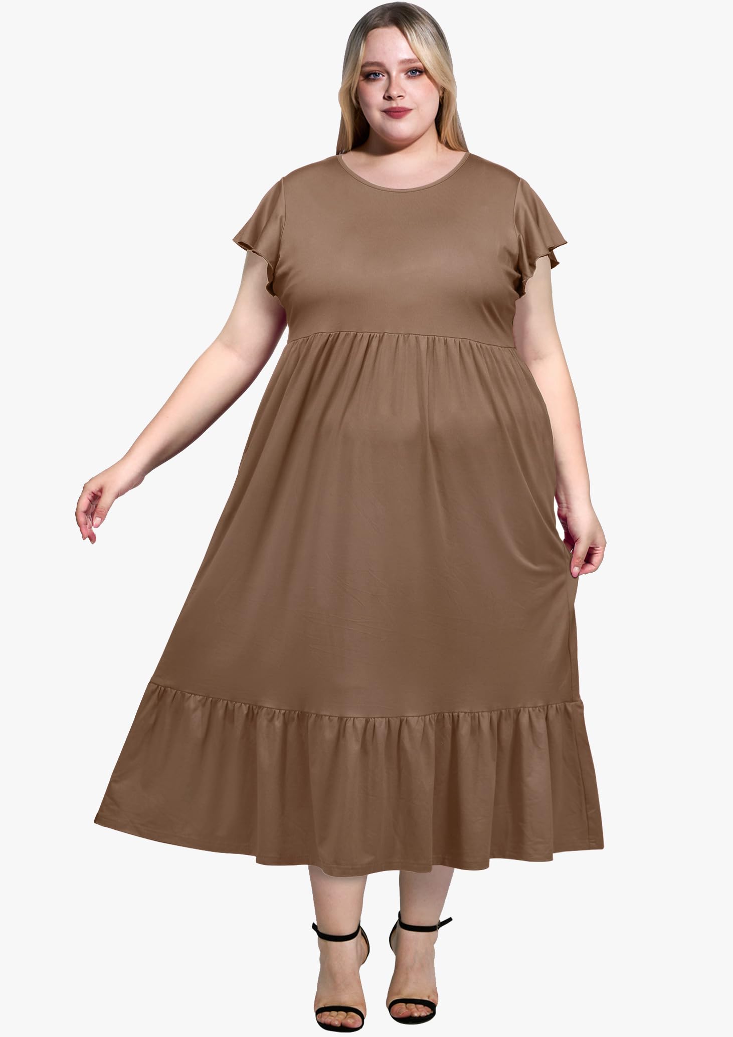 Plus Size Summer Dress Crew Neck Ruffle with Pockets-Khaki, XXL Plus Size Summer Dress Crew Neck Ruffle with Pockets-Khaki, XXL