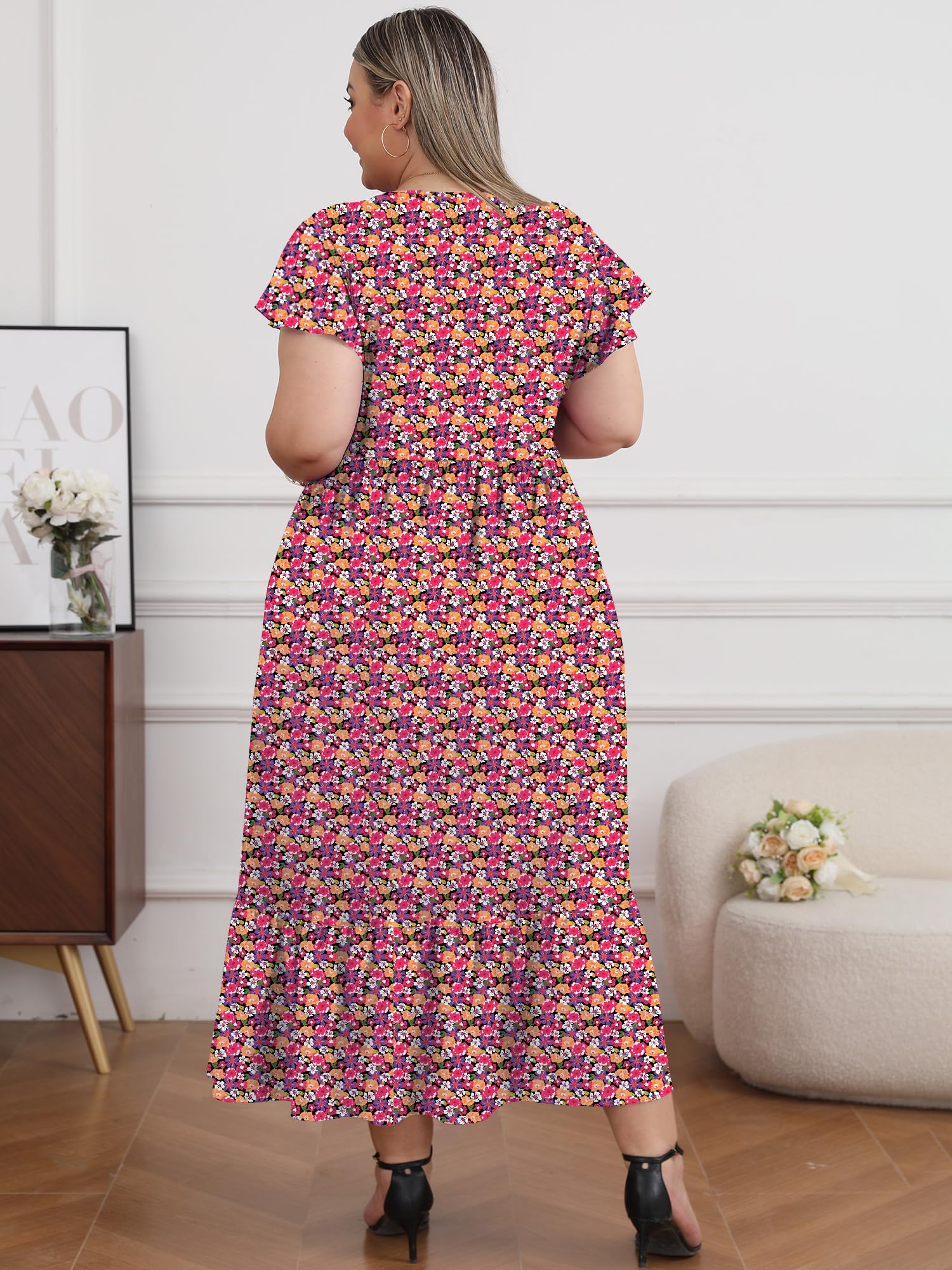 plus size pink summer dresses Plus Size Summer Dress Crew Neck Ruffle-Multi Floral