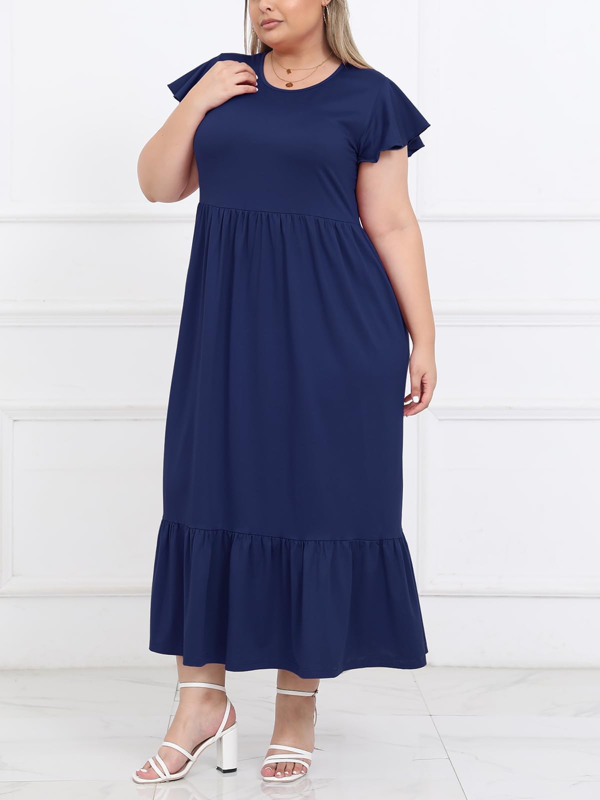 Plus Size Summer Dress Crew Neck Ruffle with Pockets-Navy, XL Plus Size Summer Dress Crew Neck Ruffle with Pockets-Navy, XL