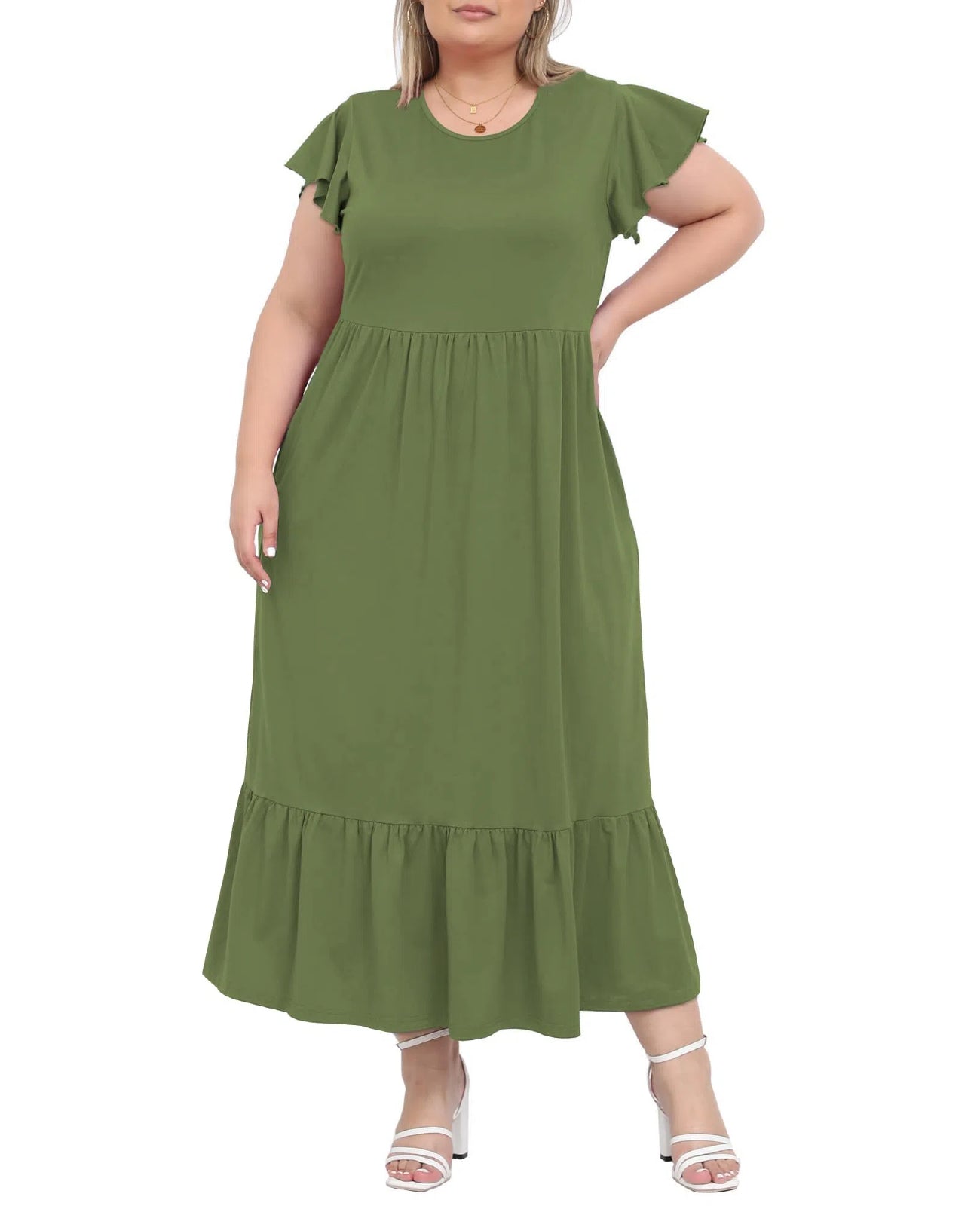 olive green plus size dresses Summer Dress Crew Neck Ruffle丨Moon Wood Dark Emerald Chiffon Bridesmaid Available in full size Italian leather boots for men Color:Lapiz Blue