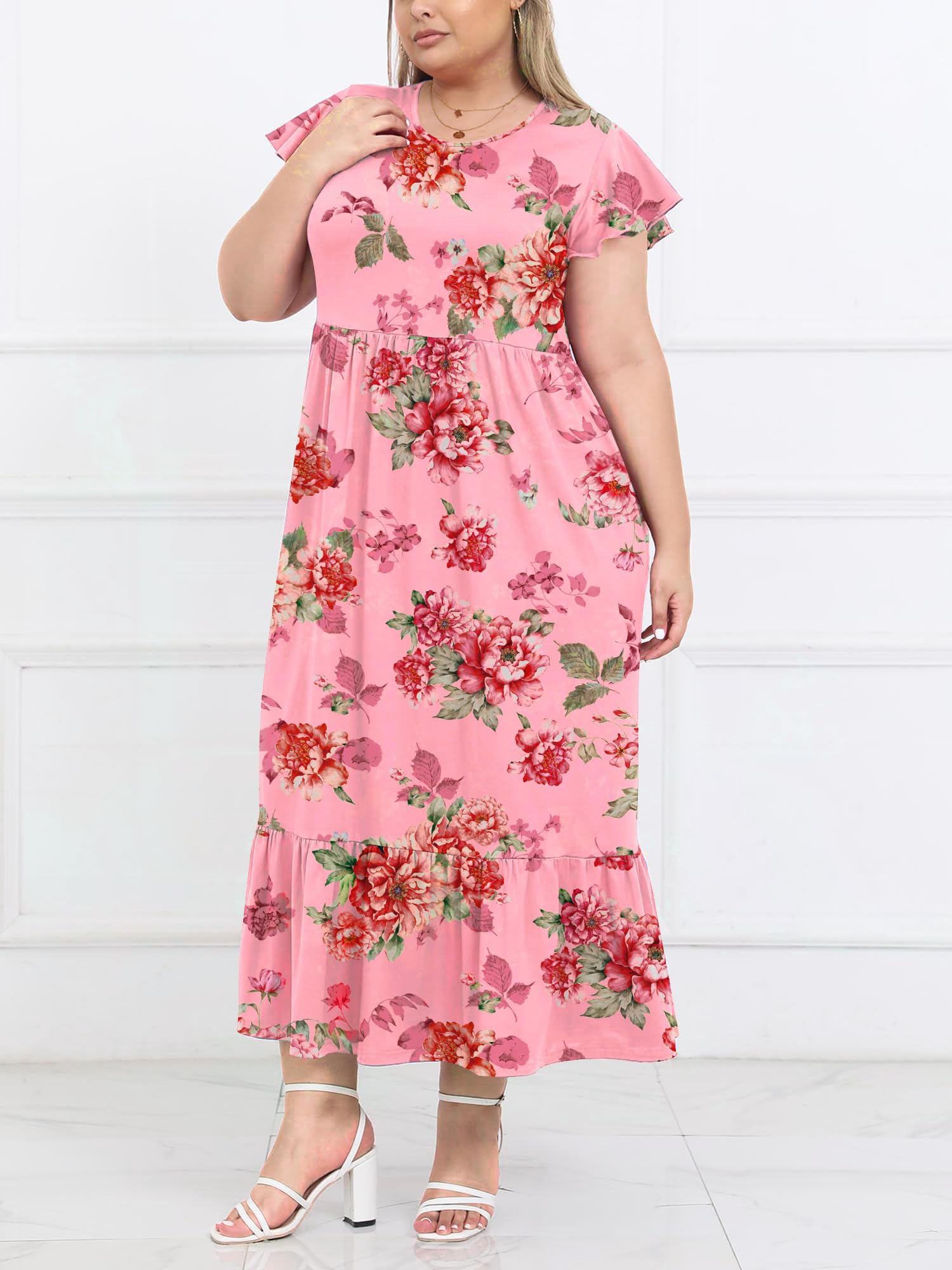 plus size pink summer dresses Plus Size Summer Dress Crew Neck Ruffle with Pockets-Pink Red Floral, 3XL