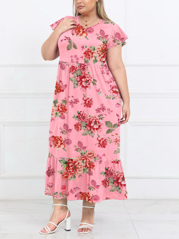 Plus Size Summer Dress Crew Neck Ruffle with Pockets-Pink Red Floral, 3XL Plus Size Summer Dress Crew Neck Ruffle with Pockets-Pink Red Floral, 3XL