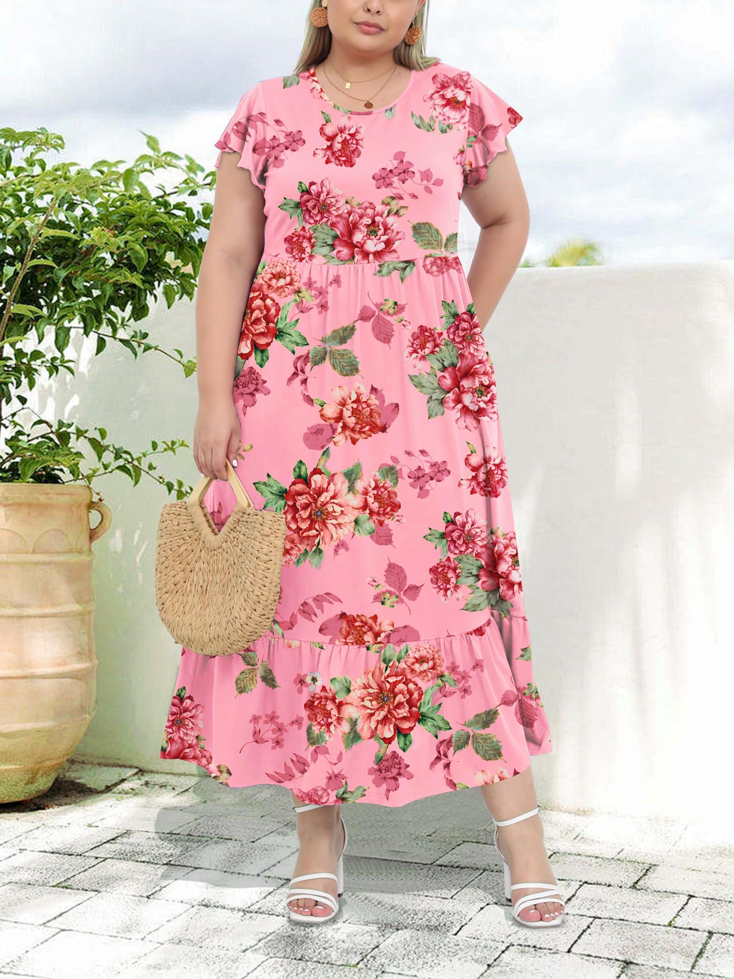 Plus Size Summer Dress Crew Neck Ruffle with Pockets-Pink Red Floral, 3XL Plus Size Summer Dress Crew Neck Ruffle with Pockets-Pink Red Floral, 3XL