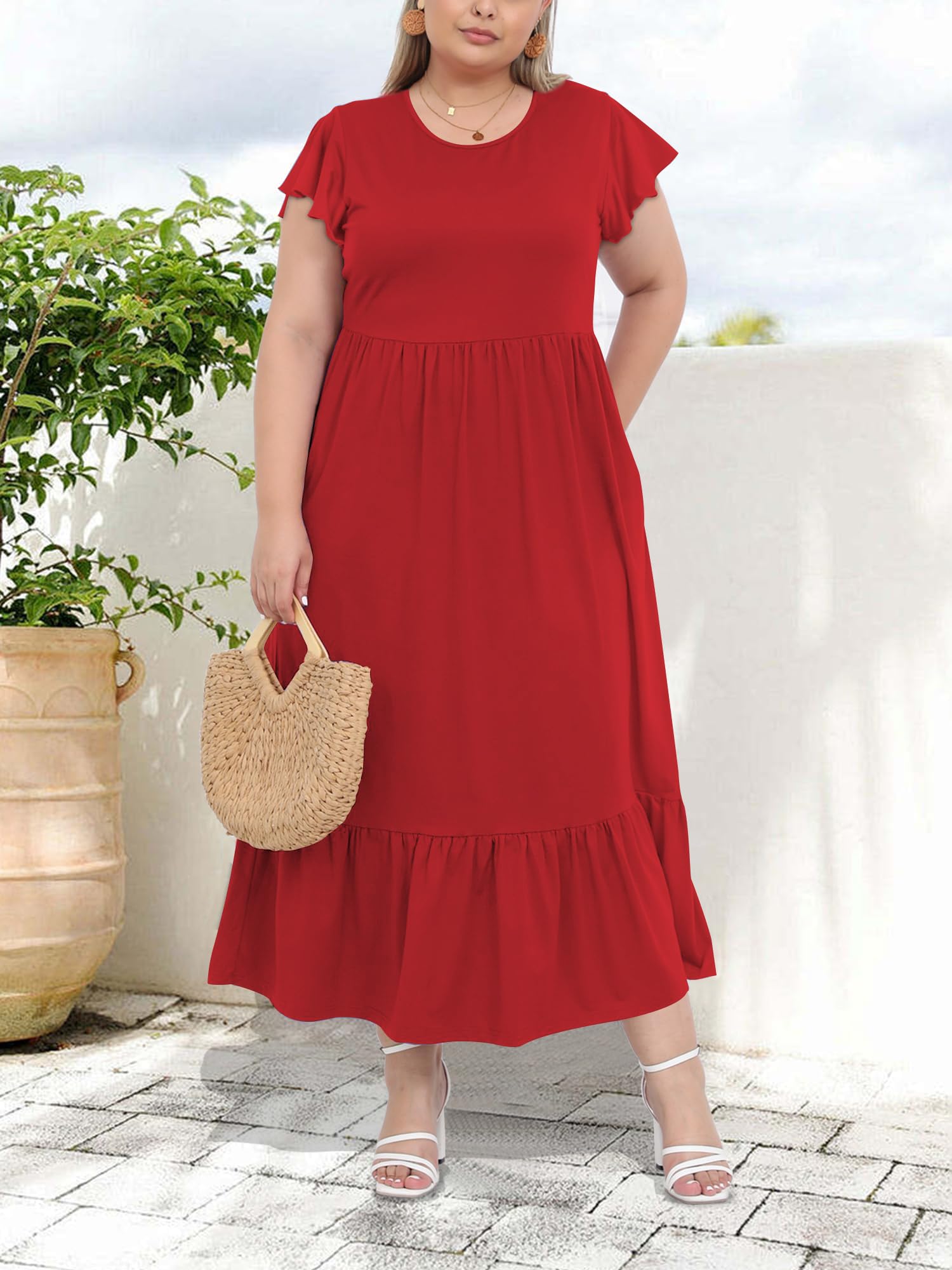 red plus size summer dress Final Sale Plus Size Off The Shoulder Tiered Maxi Dress in Red
