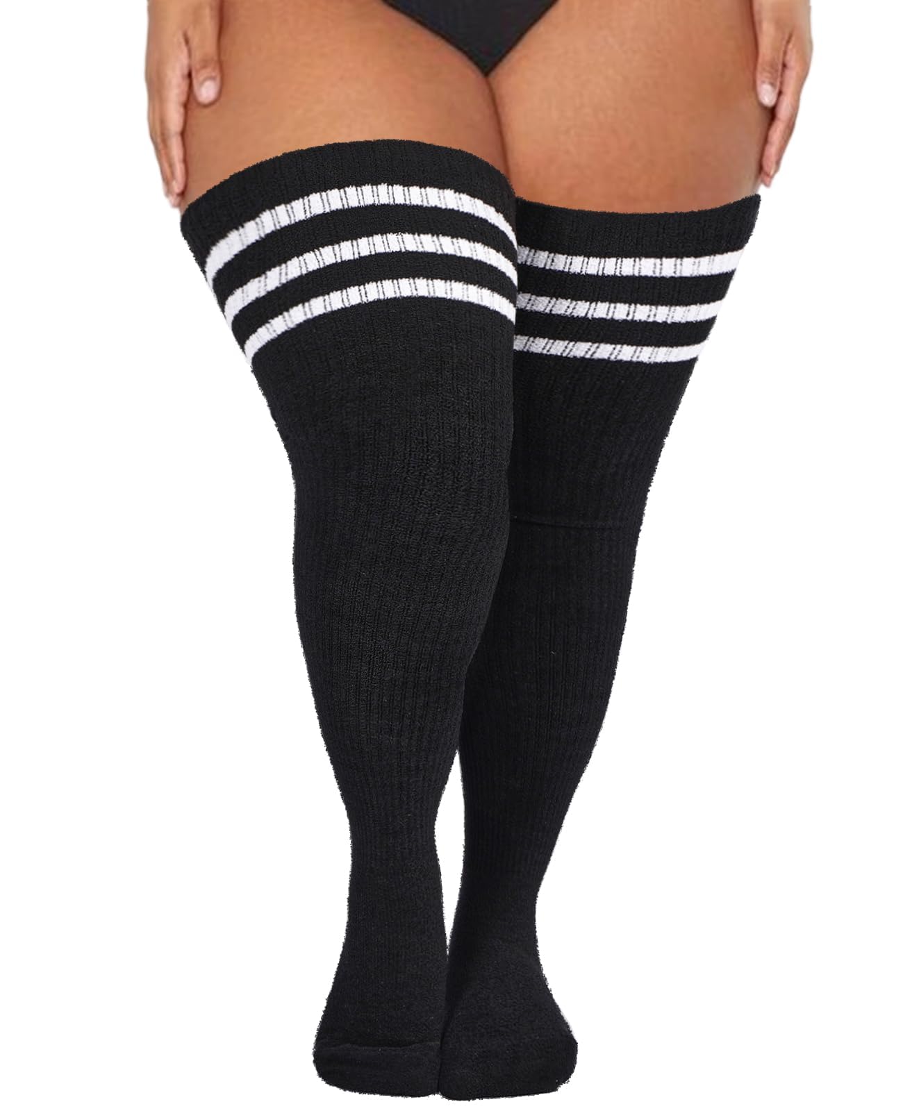 Plus Size Thigh High Socks Fuzzy - Black White Stripes | Moon Wood