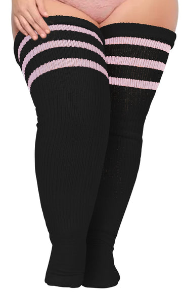 Plus Size Thigh High Socks Striped- Black & Light Pink