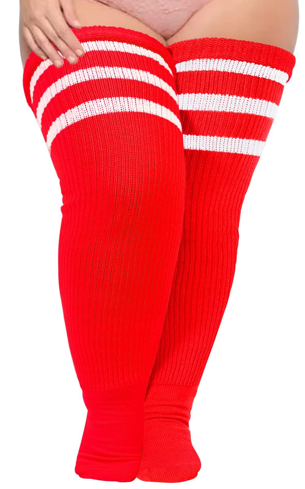 Plus Size Thigh High Socks Striped- Bright Red & White