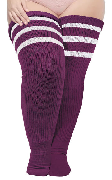 Plus Size Thigh High Socks Striped- Grape Purple & White