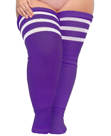 Plus Size Thigh High Socks Striped- Purple & White