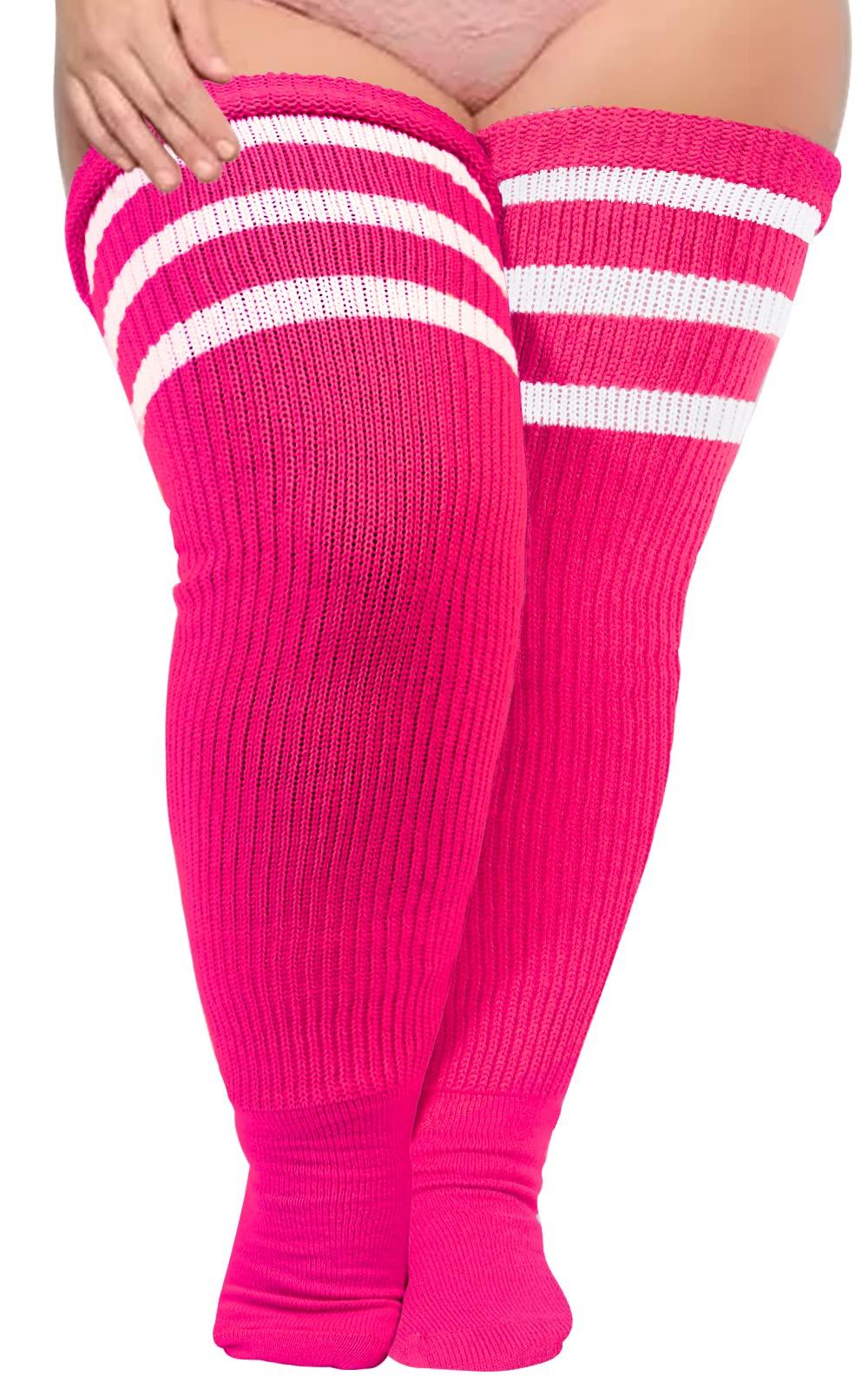 Plus Size Thigh High Socks Striped- Rose & White