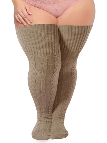 Plus Size Thigh High Socks Wool Cable Knit - Beige-Moon Wood